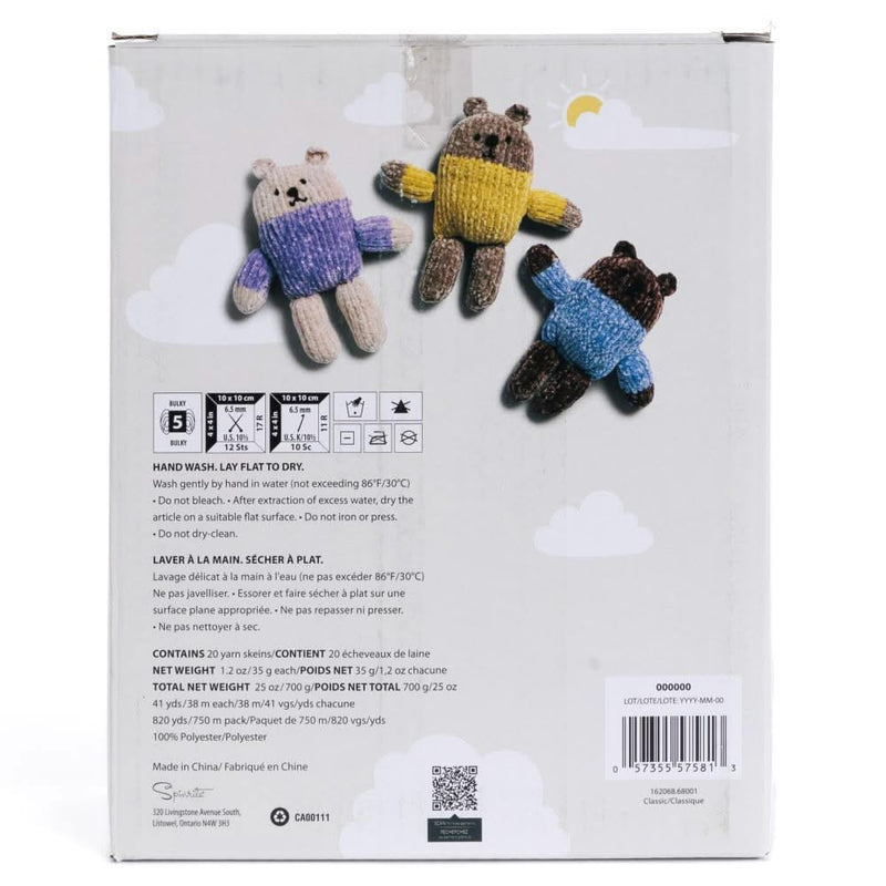 Back of a product packaging with three knitted bear toys and care instructions.