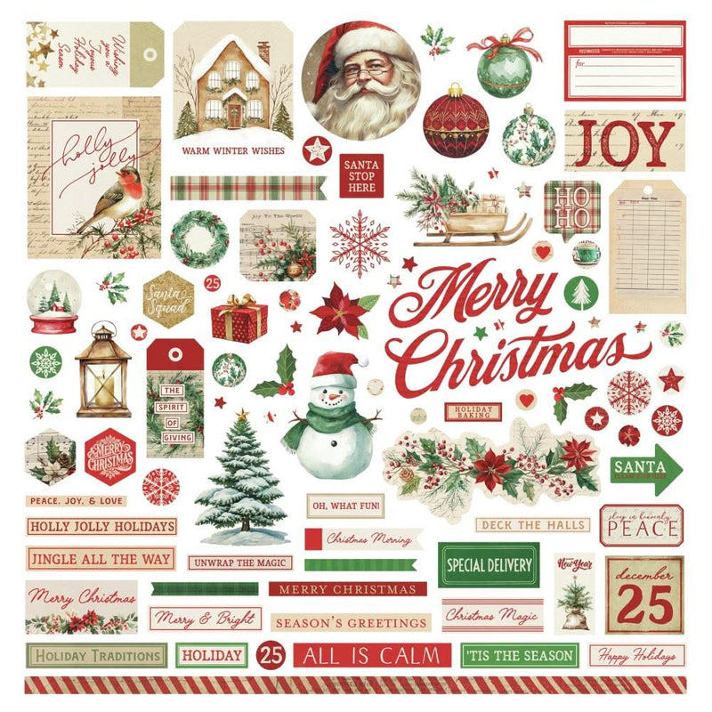 Collection of Christmas-themed decorative elements including Santa Claus, snowmen, and holiday phrases.