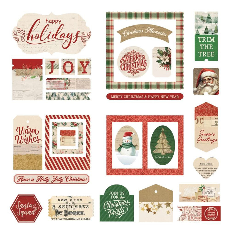 Collection of Christmas-themed decorative elements and cards on a white background