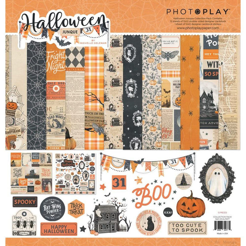 Halloween-themed scrapbooking paper pack with various designs and text on an orange background.