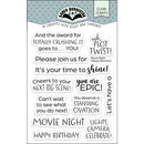 Clear stamps with motivational phrases and a brand logo on a white background