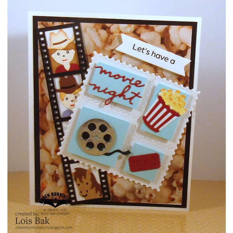 Card with movie-themed stamps and text 'Let's have a movie night' on a popcorn background.