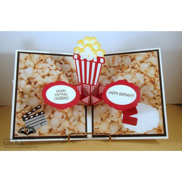 Popcorn-themed birthday card with a popcorn bucket and movie clapperboard.
