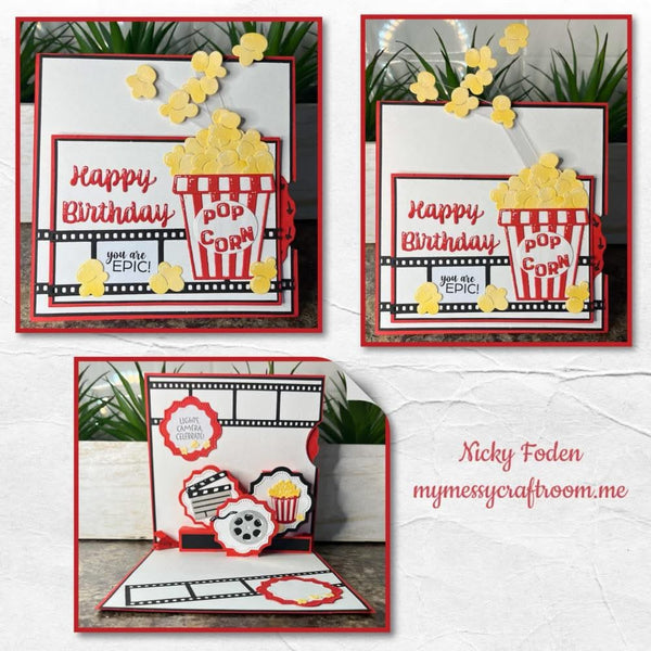 Two birthday cards with popcorn design and a third card open on a white background.