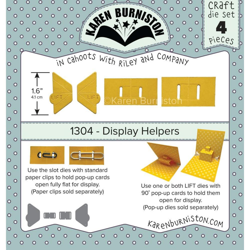 Karen Burniston craft die set packaging with yellow display helpers on a blue background