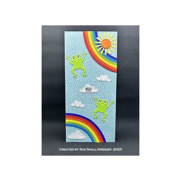 Card with rainbows, sun, and frogs on a blue polka dot background