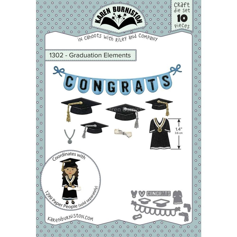 Graduation-themed craft die set packaging with 'Congrats' banner and graduation caps on a blue polka dot background.