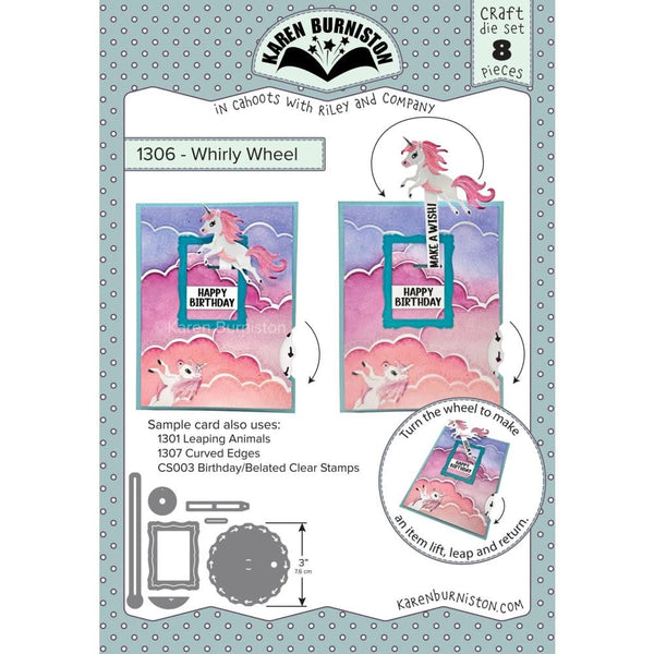Karen Burniston craft die set packaging with unicorn design on a white background