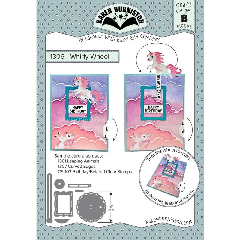 Karen Burniston craft die set packaging with unicorn design on a white background