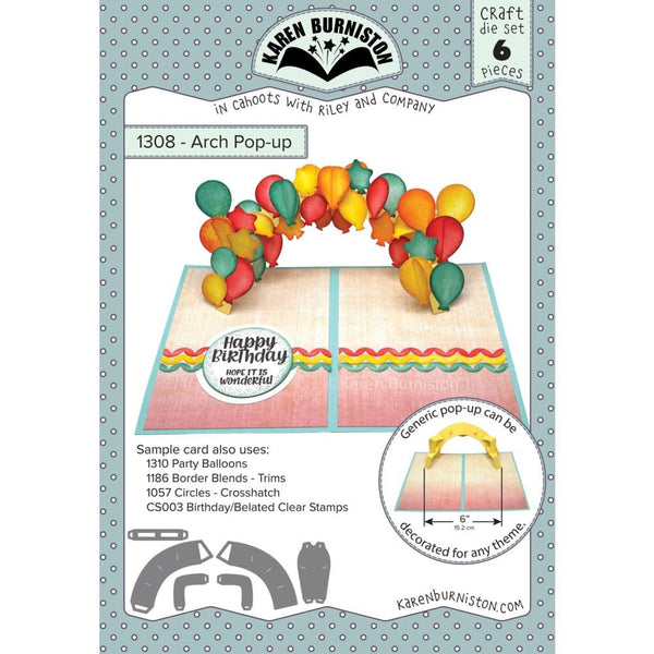 Package of Karen Burniston Arch Pop-up craft die set with colorful balloon design on a white background.