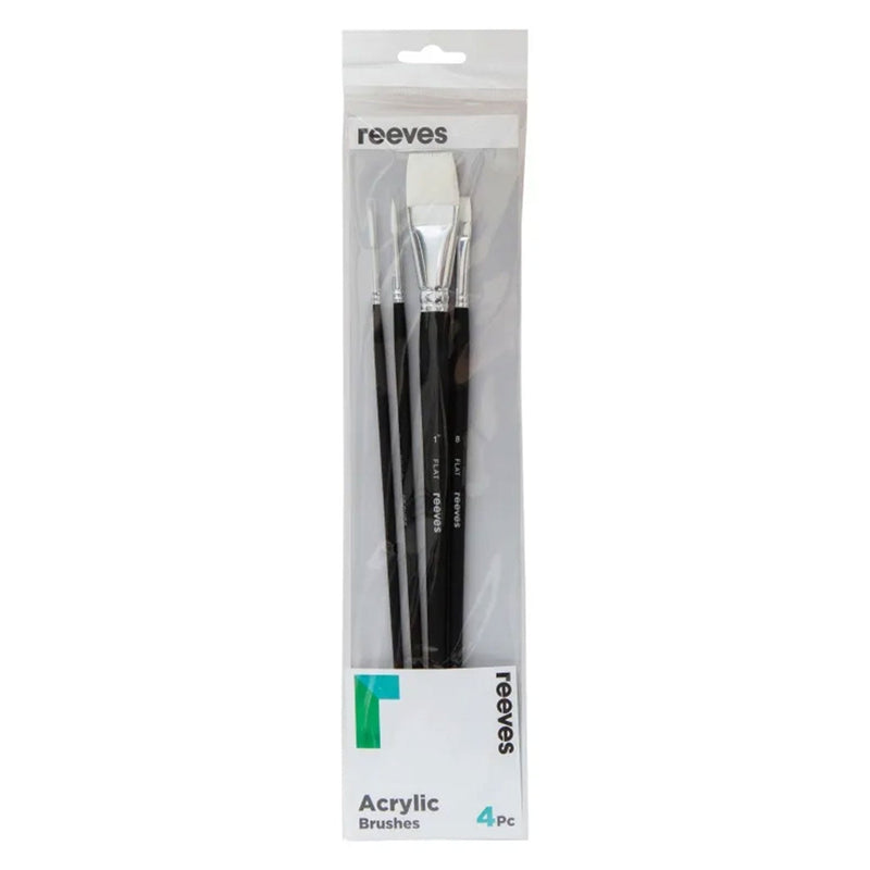 Reeves Acrylic Brushes Long Handle Set of 4 - No. 1" Flat; No. 1 Liner; No. 4 Round; No. 8 Flat*