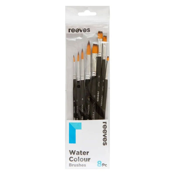 Reeves Water Colour Brushes Short Handle Set of 8 - No. 2, 6, 8, & 12 Round; No. 4, 6, 8 & 12 Flat*