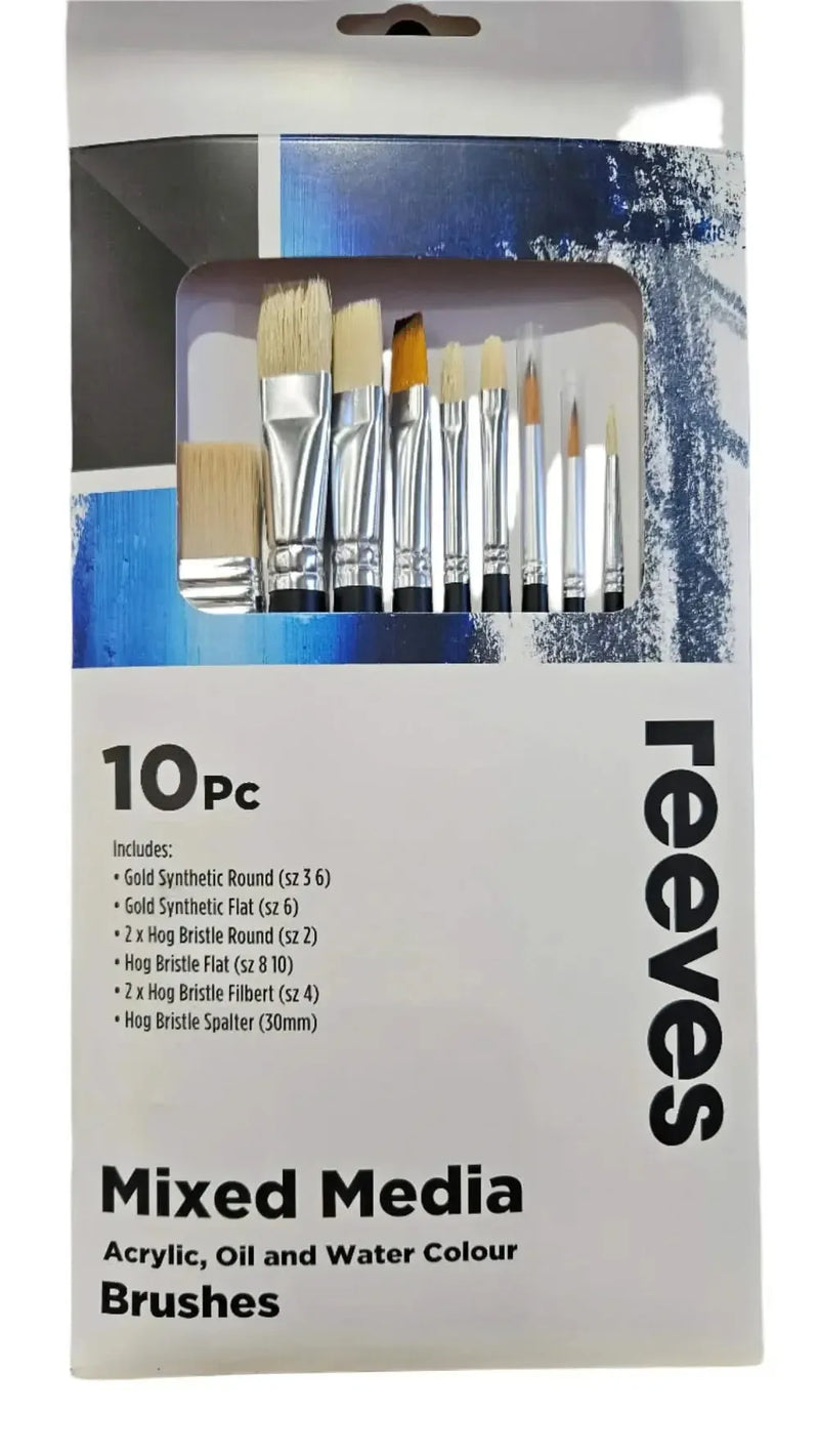 Reeves Mixed Media Brushes Short Handle Set of 10 - No. 2, 3 & 6 Round; No. 6, 8 & 10 Flat; No. 4 Filbert; 30mm Spalter