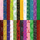 A grid of 12 vertical fabric swatches, each showing a different holiday-themed pattern including stockings, footprints, snowflakes, reindeer, pine trees, and floral motifs in various colors.