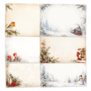 Six rectangular Christmas-themed paper designs arranged in a 2x3 grid, featuring a robin, a train in a snowy landscape, candles, a decorated tree, Santa Claus, a lantern, and a snowman on a light cream background.