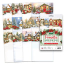 A package of craft paper sheets featuring winter garden scenes with snowy houses, Christmas trees, red holiday garlands, and red flowers. The package reads 'Kraft Paper' and 'Pinsetta Garden Scene Stash', with several sample sheets fanned out beside the box.