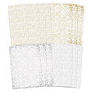 Six rectangular sheets or cards arranged in two rows of three, featuring gold and silver glittery patterns on a white background.