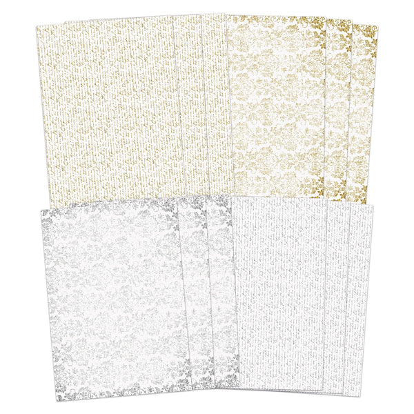 Six rectangular sheets or cards arranged in two rows of three, featuring gold and silver glittery patterns on a white background.