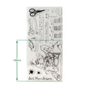 Clear stamp sheet featuring illustrations of scissors, an iron, a mouse, and holiday-themed boot and mitt designs, with green measurement arrows and text indicating 108mm height and 'Sock Paper Scissors' branding.