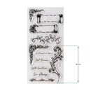 A sheet of clear stamps with black ornate scroll and floral designs, plus sample phrases including 'A Moment in Time Just Because' and 'With Gratitude Love Always.' A green measurement marker on the right indicates 98mm.