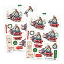 Two sheets of Christmas die-cut stickers featuring vintage steam locomotives, wreaths, and festive labels on a white background.