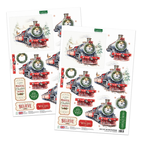 Two sheets of Christmas die-cut stickers featuring vintage steam locomotives, wreaths, and festive labels on a white background.