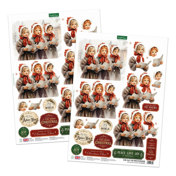Two printed Christmas-themed decoupage sheets featuring vintage photos of three children in gray coats and red scarves, with decorative labels and text elements, shown on a white background.