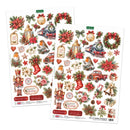 Two sheets of K&H Design 'Season's Greetings' die-cut embellishments, featuring a vintage Christmas theme with red poinsettias, green wreaths, nutcrackers, a steam locomotive, stockings, candy canes, and birds on a white background.