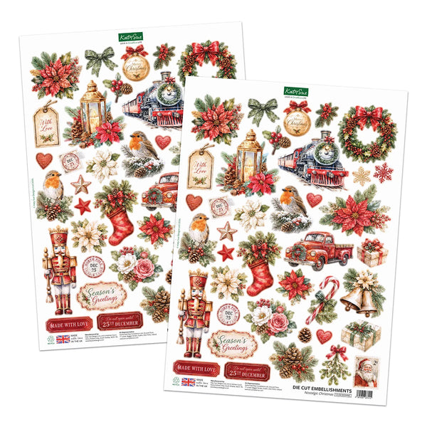 Two sheets of K&H Design 'Season's Greetings' die-cut embellishments, featuring a vintage Christmas theme with red poinsettias, green wreaths, nutcrackers, a steam locomotive, stockings, candy canes, and birds on a white background.