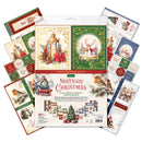 A packaged craft paper set titled 'Nostalgic Christmas' with multiple illustrated sheets fanned around the main package. The artwork shows holiday scenes including a lantern, reindeer in a snow globe, Christmas trees, ornaments, and robins, with red, green, cream, and blue tones throughout.
