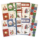 A set of Christmas-themed sticker sheets and cards featuring vintage illustrations of Santa Claus, reindeer, trains, ornaments, and holiday phrases in red, green, blue, and cream colors.