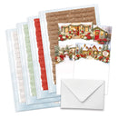 A Christmas-themed stationery set featuring multiple patterned cards, textured paper sheets, and a white envelope on a clean white background.