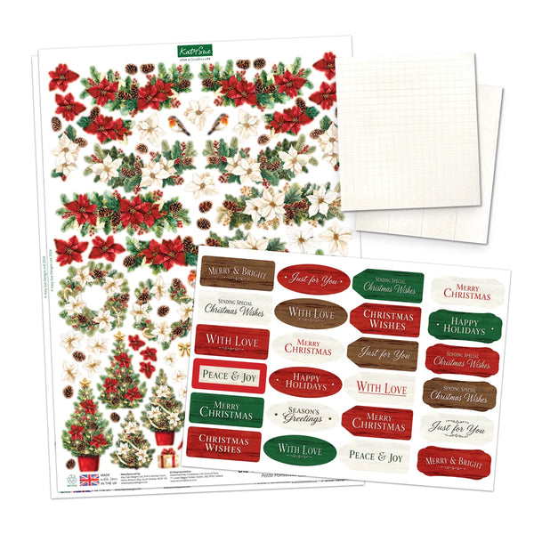 Christmas-themed stationery set featuring a large sheet of red poinsettias, green holly, pinecones, and holiday illustrations, a smaller sheet of red and green holiday message labels, and two blank cream-colored envelopes on a white background.