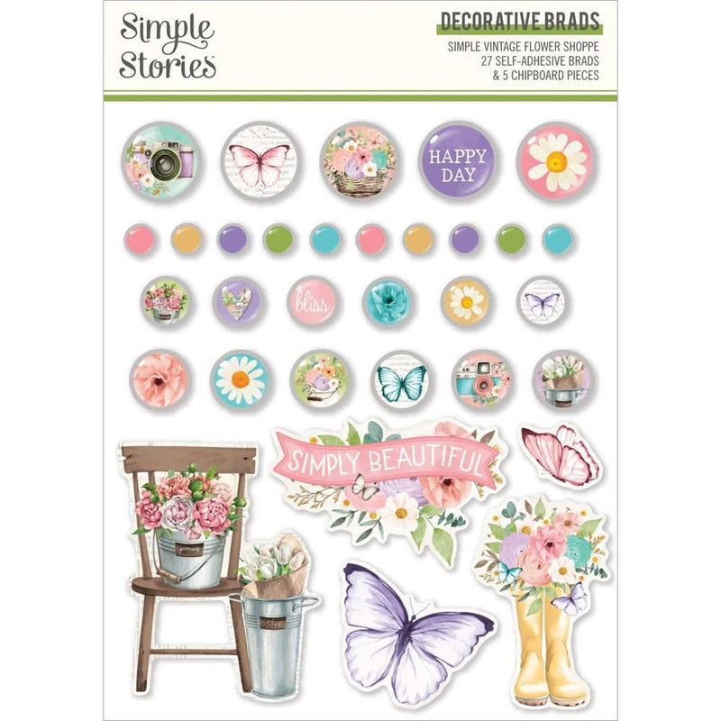 Simple Vintage Flower Shoppe - Decorative Brads 27 Brads, 5 Chipboard