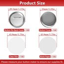 Product size chart for button pins, covers, clear film, and blank paper with measurements.