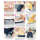 A 9-step instructional graphic showing how to apply Heatbond Hem Adhesive to a hemless fabric garment. The graphic features numbered panels from 1 to 9 with text overlays explaining each step, including heating the adhesive, turning the fabric sides up, measuring and ironing a new hem, cutting the adhesive, and pressing it onto the fabric.