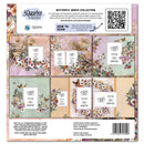 Back of a 3 Quarter Designs 'Butterfly Grove Collection' double-sided scrapbooking cardstock sheet, showing floral patterned cardstock designs, sample photo frames, and instructions on a white background.