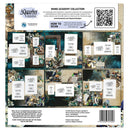 Back of a 30 Quarter Designs Wand Academy Collection scrapbooking cardstock pack, showing a grid of sample cards with placeholder text, instructions for scanning with a phone camera, a QR code, and a barcode.
