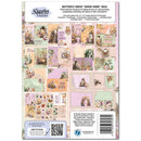 Back cover of a 3 Quarter Designs 'Butterfly Grove ’Gimme More’ Pack' scrapbooking paper sheet, showing multiple pastel patterned paper designs, decorative labels, and product details on a white background.
