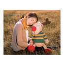 Woman sitting in a field with a knitted reindeer toy