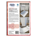Back cover of a 3Quarter Designs White Folio Album kit package, showing assembly instructions, a small sample of white cardstock pieces in color blocks labeled A1, A2, and B, and a photo of the assembled white album on a wood background.