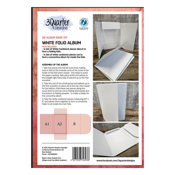 Back cover of a 3Quarter Designs White Folio Album kit package, showing assembly instructions, a small sample of white cardstock pieces in color blocks labeled A1, A2, and B, and a photo of the assembled white album on a wood background.