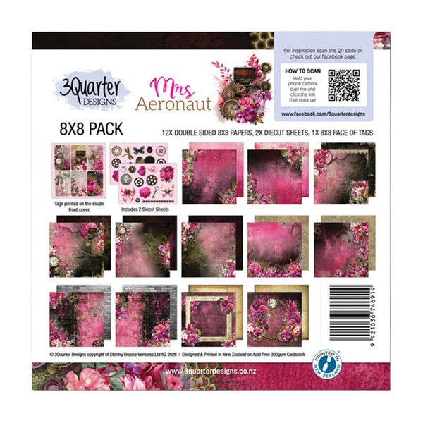 3 Quarter Designs 'Mrs Aeronaut' 8x8 paper pack, featuring 12 double-sided 8x8 papers, 2 die-cut sheets, and 1 tag page with a pink and black space-themed floral design.