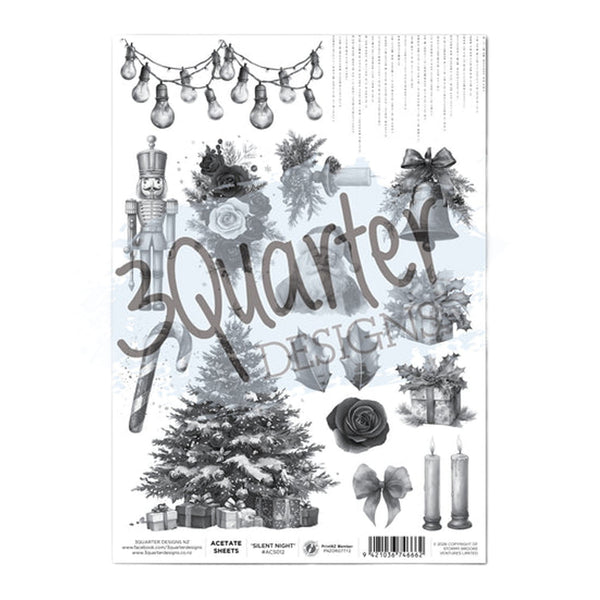 A sheet of decorative scrapbooking or craft paper featuring black and white Christmas-themed illustrations, including a nutcracker, Christmas tree, ornaments, candles, roses, and the large text 'Quarter Designs' across the center.