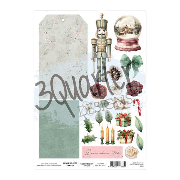 A sheet of scrapbook paper or sticker/decal designs from Squared Designs featuring Christmas motifs, including a nutcracker, snow globe, pinecones, leaves, candles, candy canes, and gift boxes, with a large '3x3 square' overlay and 'Silent Night' text.