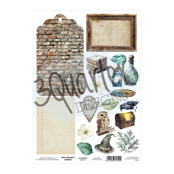 A sheet of scrapbooking paper or craft mini-project sheets featuring vintage-themed illustrations, including a brick wall, framed print, stacked books, bottles, a flower, owl, bird, hat, and other small decorative elements. A large '3quarter' watermark is overlaid across the sheet.