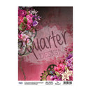 A sheet of decorative rice paper from Spoolzies' Quarter Designs collection, featuring a vintage-style floral and gear design in pink, purple, and green tones.