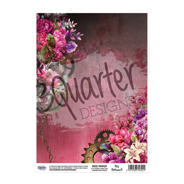 A sheet of decorative rice paper from Spoolzies' Quarter Designs collection, featuring a vintage-style floral and gear design in pink, purple, and green tones.