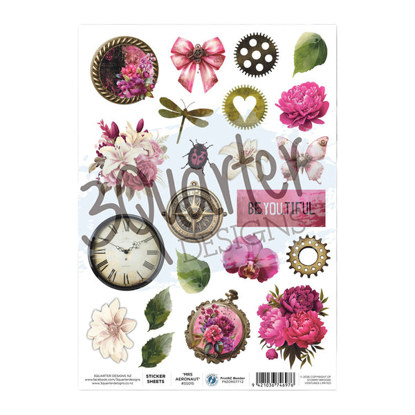 A sheet of decorative stickers featuring vintage-style floral and whimsical illustrations, including pink and white flowers, roses, leaves, gears, a clock face, butterflies, a dragonfly, a ladybug, a bow, and a pocket watch, with the text 'BE YOUFUL' and a large 'softer' watermark across the sheet.