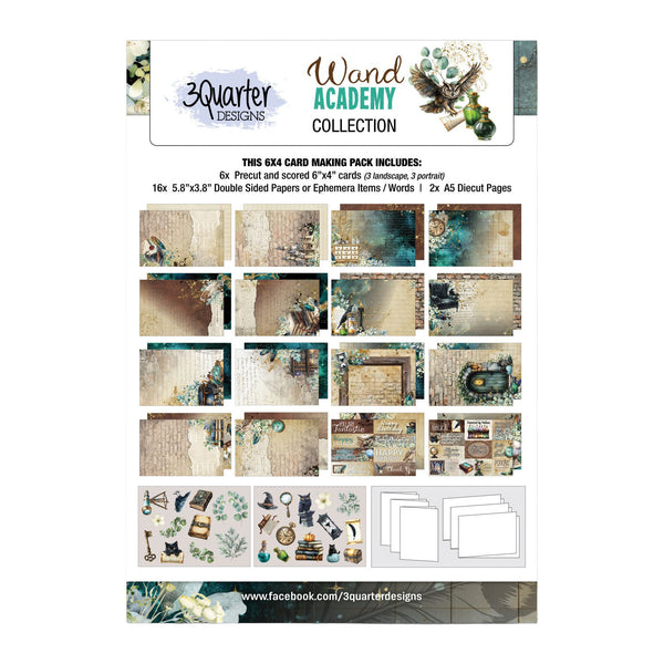 A product listing graphic for the '3 Quarter Designs Wand Academy Collection' card making kit, showing a preview of various scrapbook paper and ephemera items included in the set, along with template sheets.